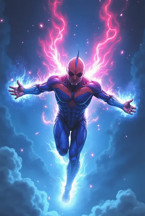 regenerate him with the exact same outfit, physical traits and illustration style but change his pose to be flying through the air stretched out horizontally with the blue and pink flames bursting out from his outstretched palms in front of him