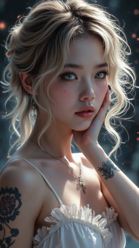  Masterpiece:1.3,  Top ,  ultra high resolution ,   Super detail  ), (Reality, photoReality:1.4),   Beautiful Illustration  ,
   perfect lighting  ,  close up,   Khaki skin ,    Gemstone Blue Eyes  ,  Arm Tattoo ,   Digital Tattoo  ，  natural light,   The ...