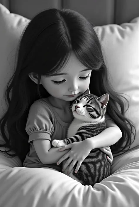 black and white striped cat is being hugged in bed by a girl with long black hair