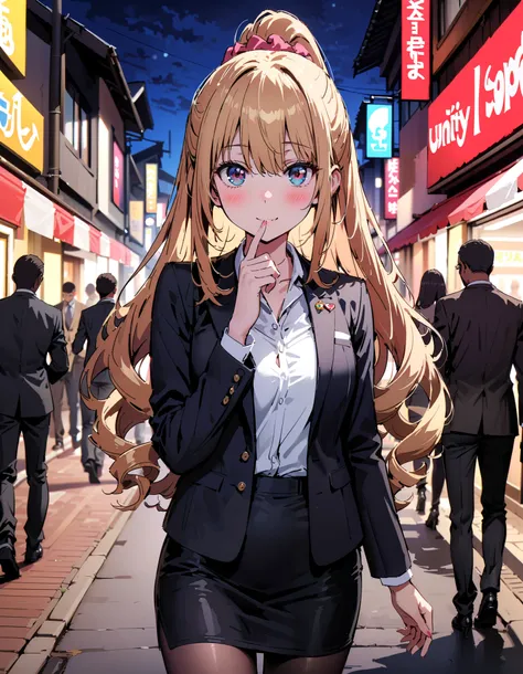 , 1 girl, Alone, Aibastb , blond hair,  long hair,   drill hair ,  high ponytail,  red eyes ,   hair scrunchies under the arms ,Glasses,smile,blush, close your mouth, suit,  pencil skirt in the mouth,  jacket ,  shirt,rib tights ,  black pantyhose,  pin he...