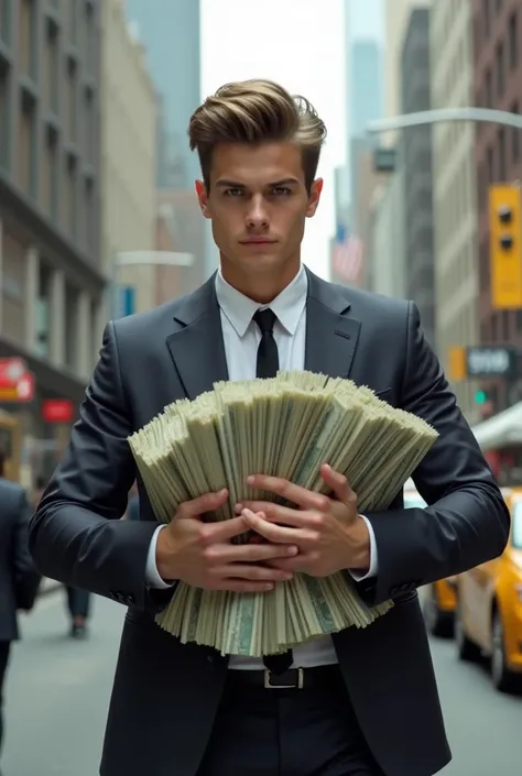 A young man carries a lot of money