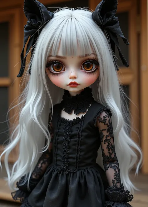 Bisque doll、 young,  long silver hair 、Big brown eyes、 has a gothic vibe with black makeup 、But she's a cute, cute,  girl from America、 wears gothic clothes 、 cowboy shot