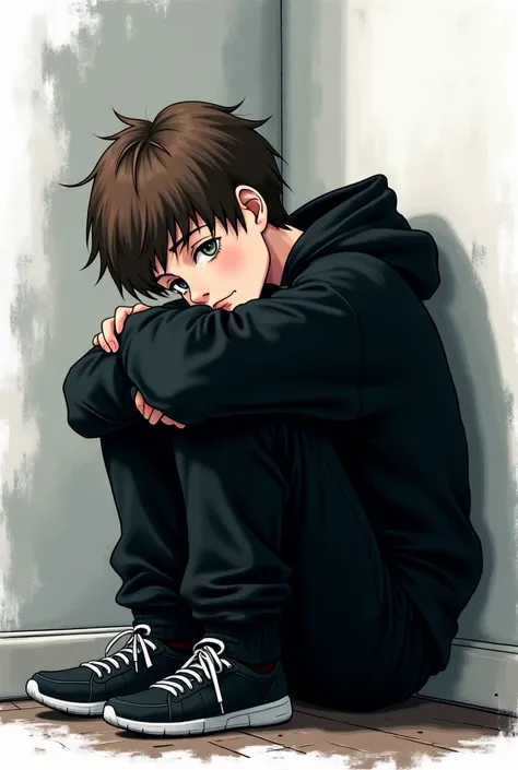 A young fifteen year old boy with brown hair, gray/green eyes, and pale skin. He is six feet tall. He is wearing an overlarge black sweatshirt that looks like a hoodie. The high collar of the sweatshirt goes up to hide his mouth a little. He is wearing bla...