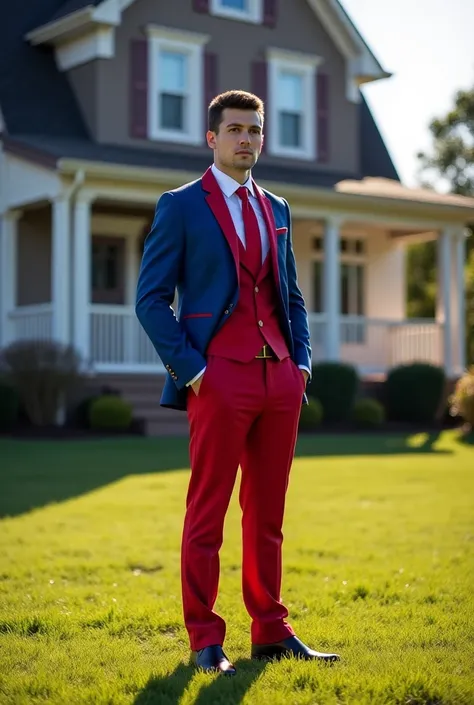 A Souder Man, dressed in a vibrant red and blue suit, stands in front of a quiet house, his posture firm but with a slight gesture of vulnerability. He is facing forward with a serious expression, his hand extended in front of him as if making a heartfelt ...