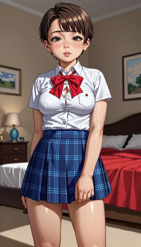 (((1girl:1.5))), Masterpiece, Best quality, amazing beauty, 4K, absurdres, finely detail, (super detailed eye), perfect anatomy, official art, cinematic lighting, BREAK, ((((Bright bedroom)))), ((Bright morning bedroom)), [silky pixie cut], [Brown hair], (...