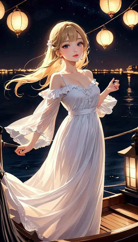  intense ink painting、Clear brown eyes 、 Perfect Face 、 cute girl、 petite and perfect style 、white flowing see-through long dress、 jewelry、 Long Blonde Hair 、 pink lips、、 Dynamic Poses 、  look at me and smile、Night Sky、Get on the boat、Beautiful lights 、bea...