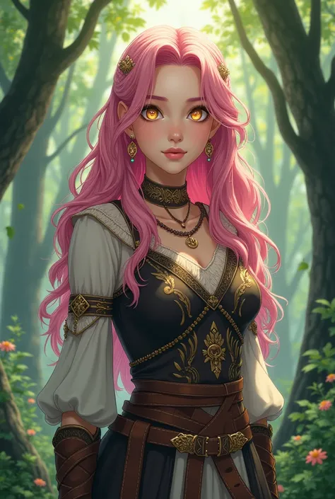 ( masterpiece,  top quality, super detailed,  full body) A Viking girl from anime,  anime style,  in the middle of a forest , pink hair,  golden eyes,  fair skin , traje viking.
