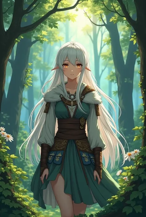 ( masterpiece,  top quality, super detailed,  full body) A Viking girl from anime,  anime style,  in the middle of a forest ,  white hair,  golden eyes,  fair skin , traje viking.
