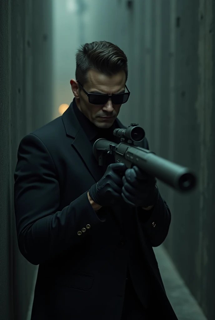 Handsome killer in a black suit and dark glasses armed with a rifle