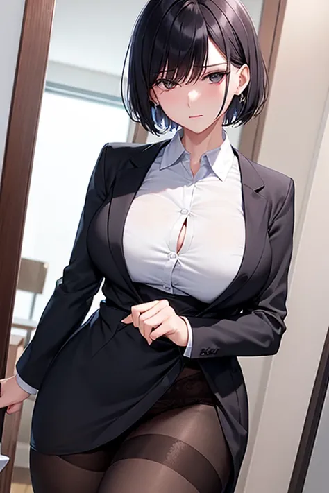 Condominium manager's office　　40 years old　 mature woman　  short hair　 cold eyes　  career woman　lipstick　　 Long sleeve dress shirt 　  　  black pantyhose　white underwear under stockings 　   are standing　hatred　anger