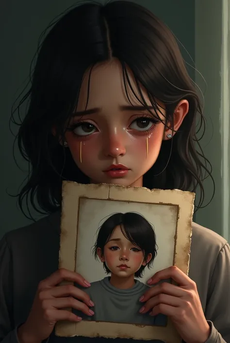 A mother with tears in her eyes and a photo of her son in her hands 