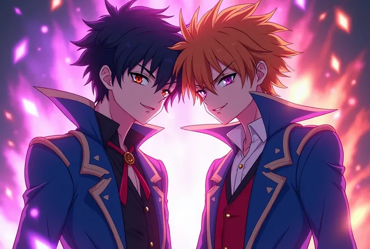 2 male de 16 ans menaçant sauvage charismatique 
de l'univers de l'anime inazuma victory road 
uniform bleu et violet 
avec des regard menaçant et sauvage des maquillage de vampire et de joker 
sont trés serieux cheveux orange 
yeux ecarlate stylé artifici...