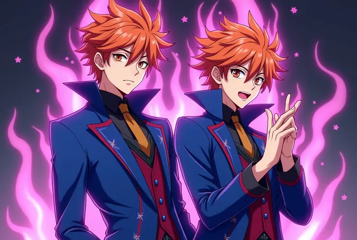 2 male de 16 ans menaçant sauvage charismatique 
de l'univers de l'anime inazuma victory road 
uniform bleu et violet 
avec des regard menaçant et sauvage des maquillage de vampire et de joker 
sont trés serieux cheveux orange 
yeux ecarlate stylé artifici...