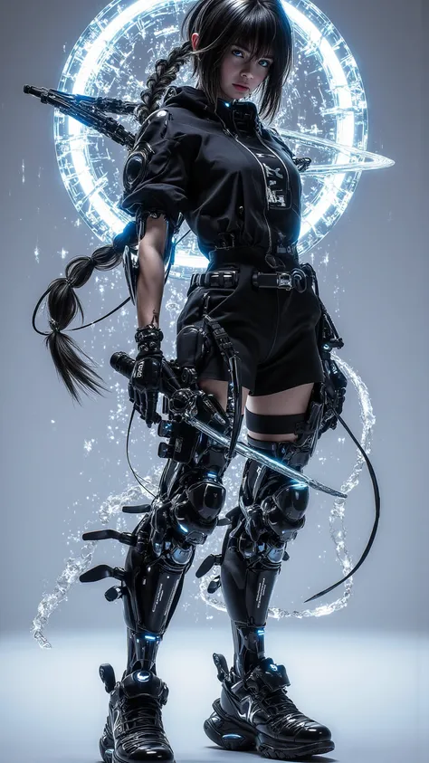   computer traitor ，  Mini Girl  ， [agent，drooping eyelids，Thick lips， Teeth Tightening  ，Cutting，side braid，wristband，  Black Combat Suit ， Body Armor ，  With Belt  ，  Extreme Sneakers  ， Visible from afar ，holding a gun ，Magic Ring ，Silhouette， Ice Syste...