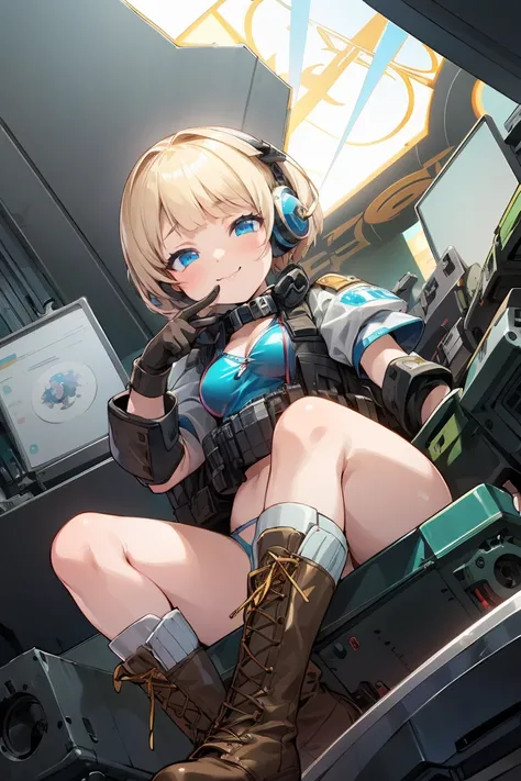 (( high quality)), (( Masterpiece)), 8k,  Blonde Bob Haired Blue Eyed Girl 、   bulletproof vest, latex green bikini、 cute pose 、light,  highly detailed CG Unity 8k wallpaper ,  game cg,  viewers,  gloves,  boots, clock,  Computer ,  mask, Drone,   holding ...