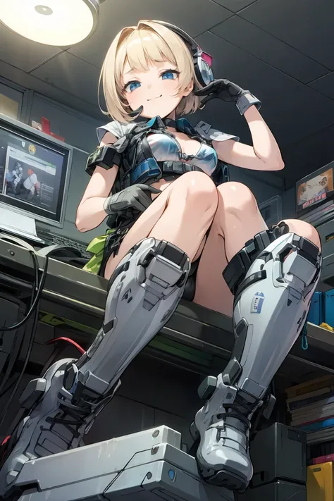 (( high quality)), (( Masterpiece)), 8k,  Blonde Bob Haired Blue Eyed Girl 、   bulletproof vest, latex green bikini、 cute pose 、light,  highly detailed CG Unity 8k wallpaper ,  game cg,  viewers,  gloves,  boots, clock,  Computer ,  mask, Drone,   holding ...