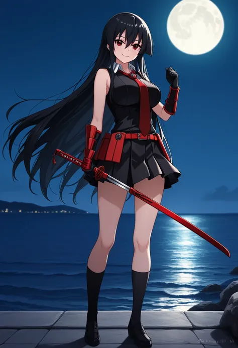 masterpiece, best quality, very aesthetic,akame-illustxl, 1girl, long hair, black hair, red eyes, long gloves,red bracer, necktie, katana,black socks,very long hair, sleeveless, skirt, belt, dress, large breasts,looking at viewer, smile, outdoor, backgroun...