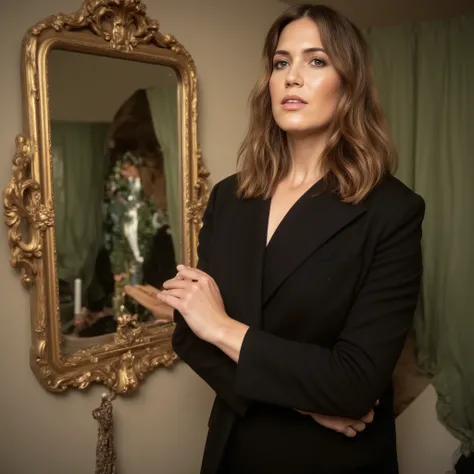 best quality, highres, 8k, masterpiece, photography, detailed midbody photorealistic portrait. Mandy Moore stands near an antique gold-framed mirror in an opulent baroque bedroom, the dim lighting casting rich shadows over emerald green silk bedding. She w...