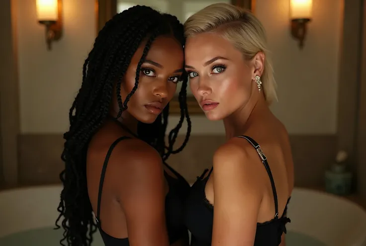 two woman in a black lingerie posing in a luxurious bathroom, loving couple cuddling and hugging cheek to cheek looking to the camera, both very seductive, one lady afro-american top model with straight braided hair, one white top-model well sun-tanned wit...