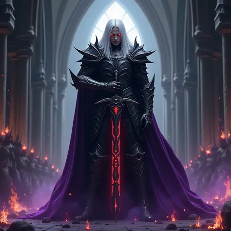 A powerful and menacing dark knight standing in a grand, gothic cathedral with high arches dark castle. The knight wears intricately detailed black armor with black accents, adorned with sharp, ornate designs. His long white hair flows dramatically, and hi...