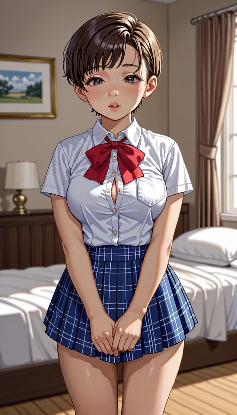 (((1girl:1.5))), Masterpiece, Best quality, amazing beauty, 4K, absurdres, finely detail, (super detailed eye), perfect anatomy, official art, cinematic lighting, BREAK, ((((Bright bedroom)))), ((Bright morning bedroom)), [silky pixie cut], [Brown hair], (...