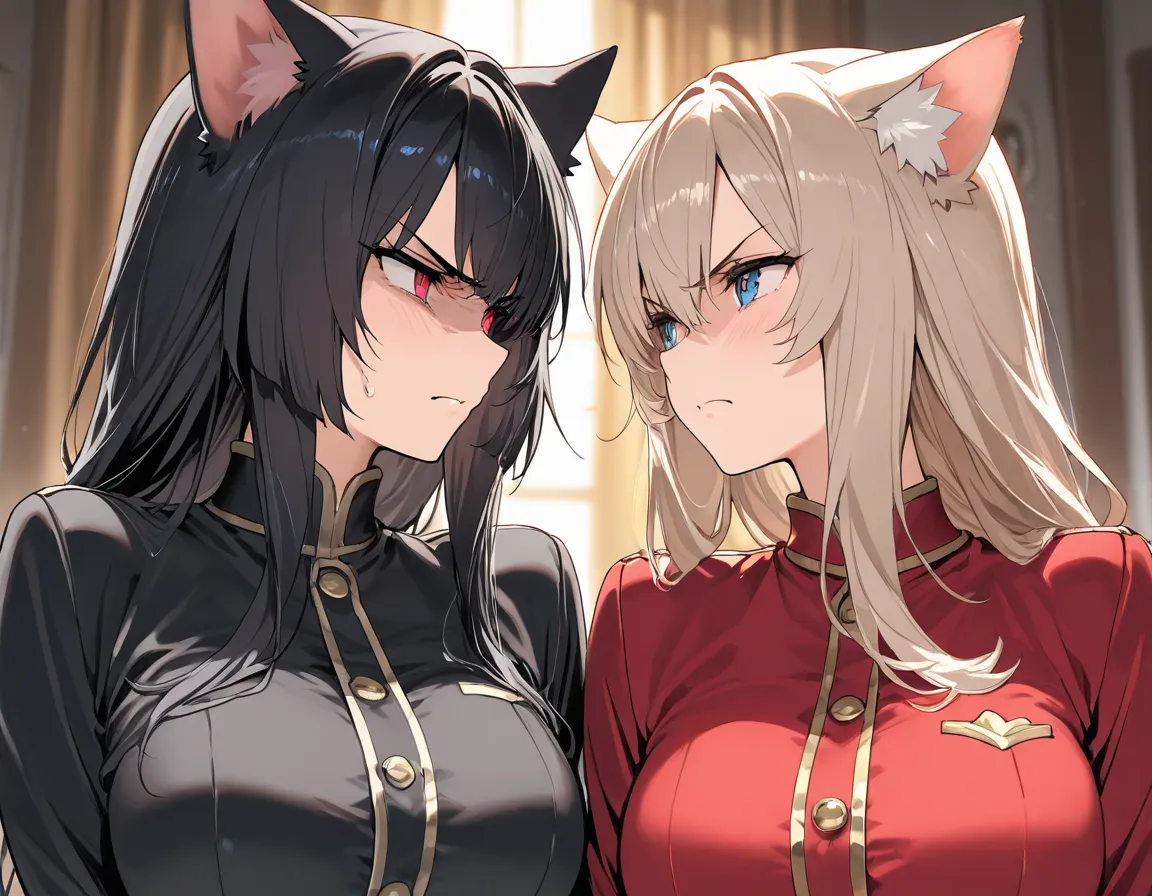 Cat girl versus dog girl, glaring at each other, masterpiece