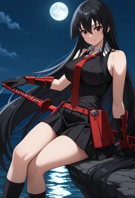 masterpiece, best quality, very aesthetic,akame-illustxl, 1girl, long hair, black hair, red eyes, long gloves,red bracer, necktie, katana,black socks,very long hair, sleeveless, skirt, belt, dress, large breasts,looking at viewer, smile, outdoor, backgroun...