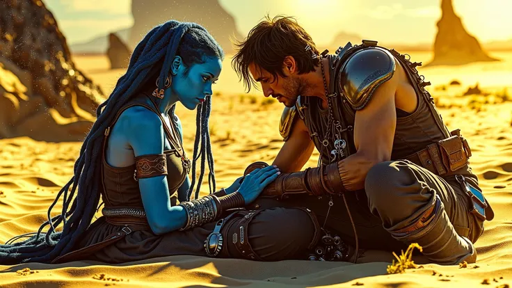 a blue alien girl and a man sitting in a desert 