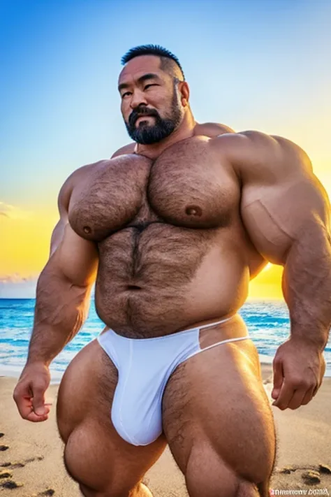 (handsome mature man), (55 yo), Japanese man, solo, wearing a white thong, wet thong, see-through thong, transparent white spandex thong, on a beach, sundown, (beefy:1.4), very short hair, very short goatee, looking at viewer, beautiful man, detailed eyes,...