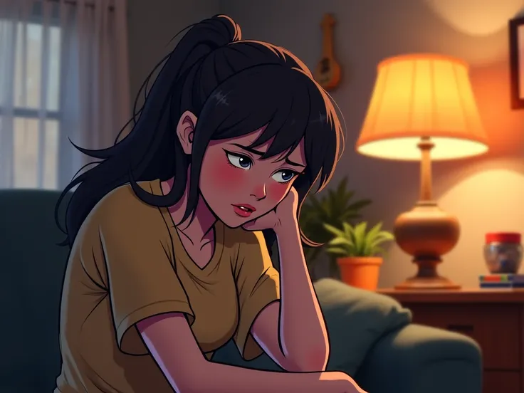 A girl, had a boredom gesture with her hand under her chin and an upset facial expression. She was sitting in her living room staring at the floor. Animated but at the same time realistic 