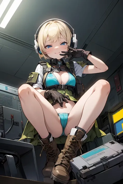 (( high quality)), (( Masterpiece)), 8k,  Blonde Bob Haired Blue Eyed Girl 、   bulletproof vest, latex green bikini、 cute pose 、light,  highly detailed CG Unity 8k wallpaper ,  game cg,  viewers,  gloves,  boots, clock,  Computer ,  mask, Drone,   holding ...