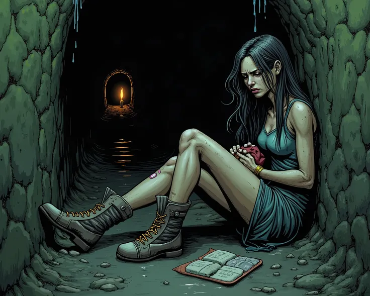 Lily, injured and disoriented, sits in a dark, damp tunnel, struggling to treat her wound with a first-aid kit. Water drips from the moss-covered walls, and a faint glow emanates from a small alcove in the distance. Her worn-out, dirt-streaked outfit refle...