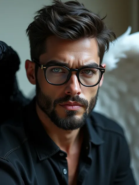  realistic style ,  of an extremely handsome male angel, But you can&#39; I see his face , He has a black wing and a white wing , wearing glasses,  with a beard