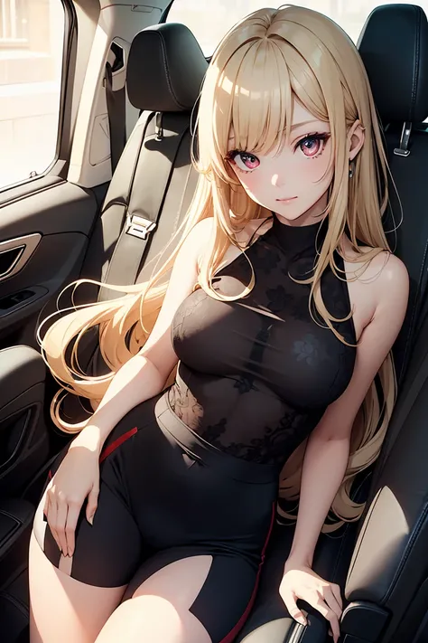 Confident々, ( selfie),  cute expression, whole body, (( in the seat)),  sneakers,  Shorts ,  black tights,  green,   cute, younger sister,(( very detailed, top quality,  high resolution,  8k wallpaper, Beautiful clothes,)),(( blond,  long hair, straight ha...