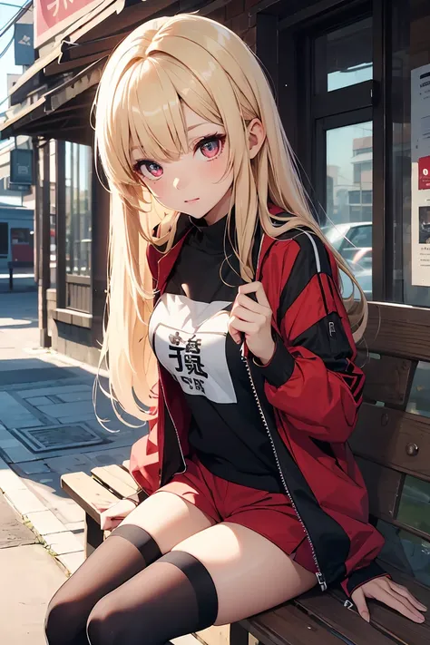 Confident々, ( selfie),  cute expression, whole body, (( in the seat)),  sneakers,  Shorts ,  black tights,  green,   cute, younger sister,(( very detailed, top quality,  high resolution,  8k wallpaper, Beautiful clothes,)),(( blond,  long hair, straight ha...