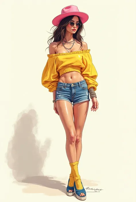 a drawing of a sexy bare-breasted woman with very big breasts wearing a topless yellow sweater  and short blue topless jeans mini skirt and a pink hat and yellow transparent socks and blue shoes and jewelry accessories standing and a freelance musical Inst...