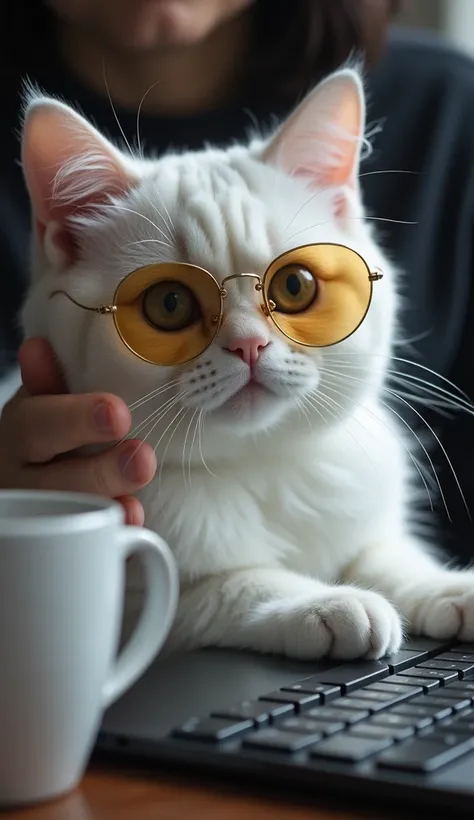  a round eyes white cat ,   With your smartphone close to your ear with gold glasses, type with the keyboard, matrix style ,  Sitting on the chair in front of the MAC,  dynamic angle ,  borrowed letter , 4k He has a coffee mug. 