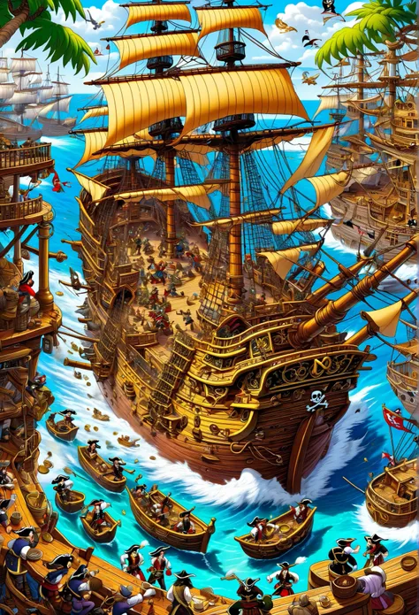 "A highly detailed and vividly illustrated cutaway view of a massive pirate ship, shown in a lively cartoon style. The ship's interior is fully exposed, revealing multiple decks stacked with chaotic action as dozens of cartoonish pirates battle each other....