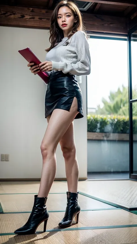 a beautiful detailed Japanese woman, 24 years old, with healthy thighs, beautiful legs, beautiful skin, random hair color and hairstyle, large breasts, female secretary, wearing a miniskirt, (she is standing:1.2), full body shot, high heels, holding a note...