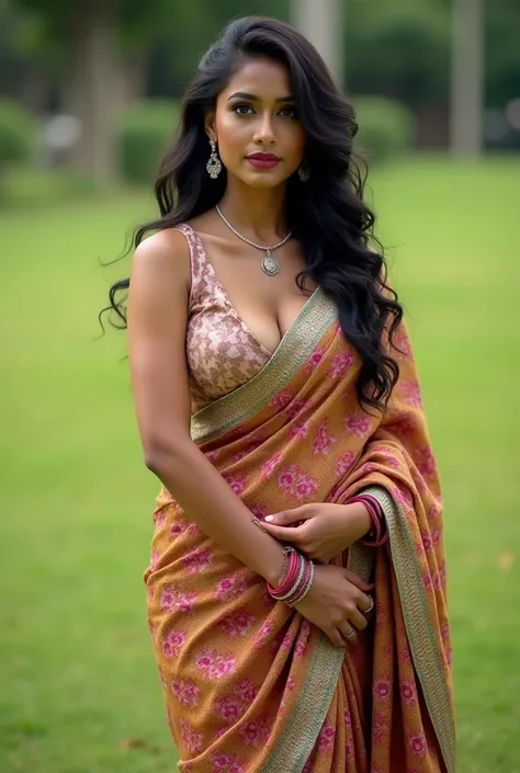 Indian Wife with a huge round and long cleavage line visible in a snake texture saree, floral saree, HDR, 8k, hyperdetailed, best quality, ultra-high resolution, HDR, curved body, 8k, standing on the lawn , look at viewer, having perfect breasts, ( perfect...