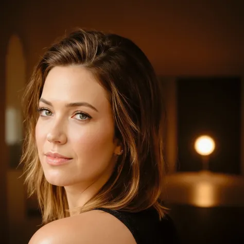 best quality, highres, 8k, masterpiece, photography, detailed midbody photorealistic portrait. Mandy Moore stands by a floor-to-ceiling window in a dimly lit Parisian penthouse, the soft golden glow of the city reflecting off her golden yellow lace lingeri...