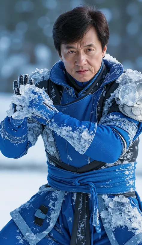  Jackie Chan assumes the role of Sub-Zero in an agile and masterful version of the legendary warrior of *Mortal Kombat*.  Wearing traditional blue and black armor ,  with crystallized ice details ,  he combines the elegance of the martial arts with the rel...