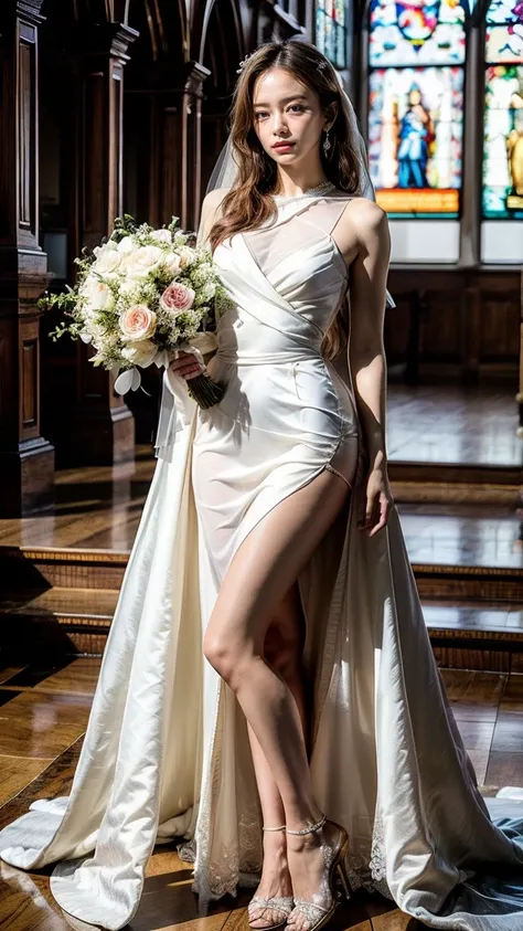 A beautiful young Japanese woman, 26 years old, with healthy thighs, beautiful legs, flawless skin, random hair color and style, large breasts, wearing a (wedding dress:1.3), (she is standing:1.2), full body shot, high heels, holding a bouquet in her hands...