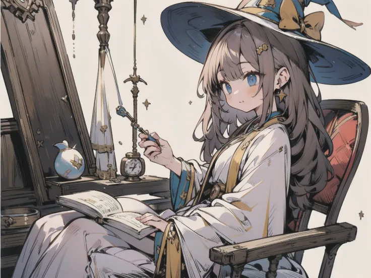 from side, 1girl, The Magician's Laboratory 、 is sitting in a chair and reading a book、 intricate detail ,  hyper detail ,　(Best Quality, masterpiece:1.2),  ultra high resolution ,  ray tracing, Super detailed, Complex Robe、Magician's Hat