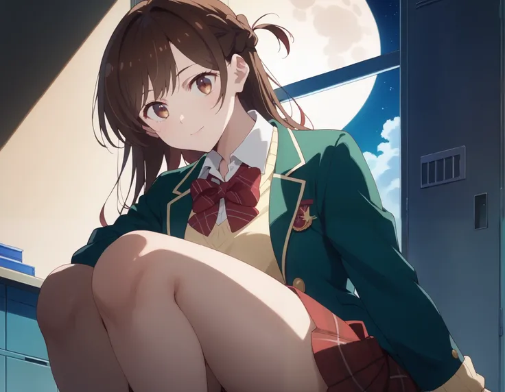  and stare at the viewer, Alone, Chizuru Ichinose, 1 girl, brown hair, long hair, French Braid , brown eyes, School, green jacket, yellow sweater , bow tie,  plaid skirt that breaks small breasts, red skirt,  Black Sox, In a completely dark room, locker,  ...