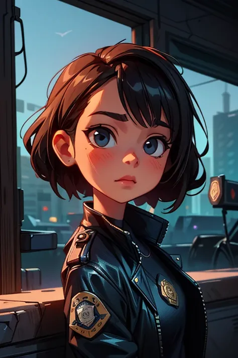 Portrait of emb-haiz, beautiful face, in cyberpunk city at night. She is wearing a leather open jacket,lingerie,  black jeans, dramatic lighting, (police badge:1.2).