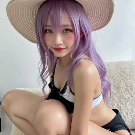 a close up photo of a beautiful female celebrity in a cute sports bra, 1girl, hat, green eyes, purple hair, blush, 1girl, solo, shorts, looking at viewer, looking back, black short shorts, dolphin shorts, smile, white crop top, bare shoulders, bare arms, t...