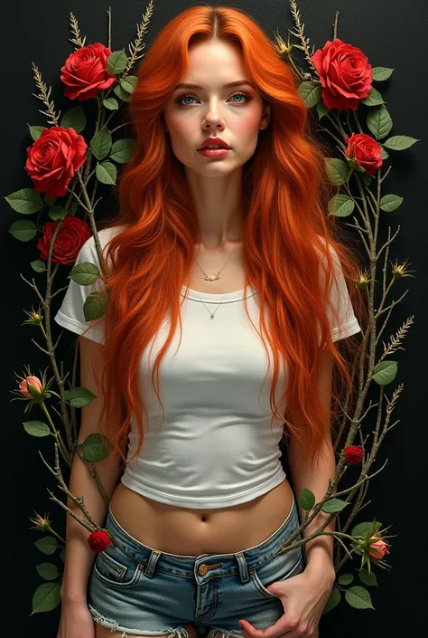 Beautiful European woman, with perfect face and makeup, with long orange hair, tangled in a bush with spikes, branches and red roses, woven around her, dressed in t -sparse and shorts, a large plan, on black background, realism, hyper -realism, masterpiece...