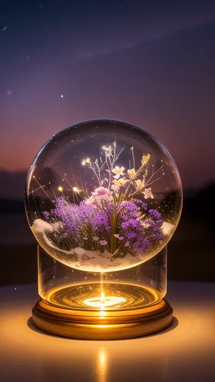 A magical snow globe containing an enchanted glowing flower field. Inside the snow globe, there is a dreamy landscape filled with bioluminescent flowers in shades of blue, pink, and purple, softly glowing in the twilight. Delicate fireflies and ethereal bu...