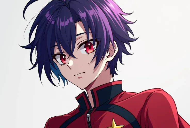 an anime boy named jones who has Xavier foster's white skin )short purple and blue hair styled with two large strands that fall on his face.yeux rouge ecarlate stylé artificiel 
porte un uniforms rouge et noir avec des etoile.et sa personnalité est explosi...